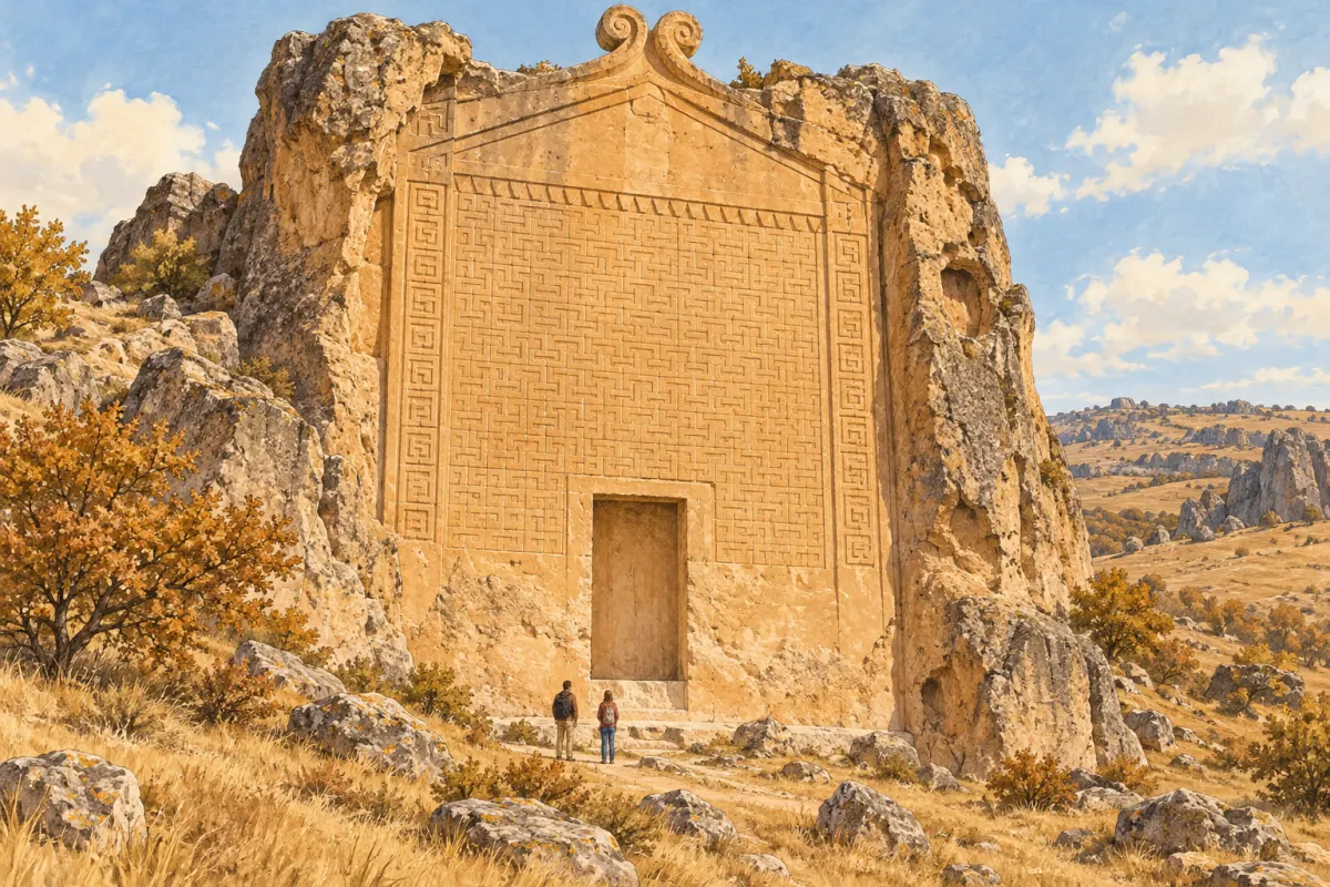 Illustration: the tall rock façade of the Midas Monument, covered with geometric meanders, with a triangular pediment at the top and an empty niche below; two small figures of visitors stand at its foot
