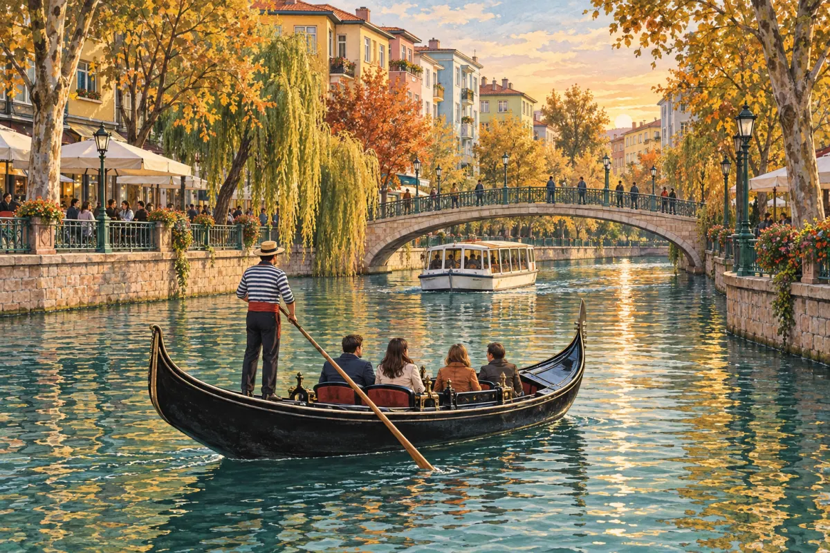 Illustration: a gondola with a gondolier on the Porsuk River in central Eskişehir, with a white tourist boat, an arched footbridge and riverside willows behind it