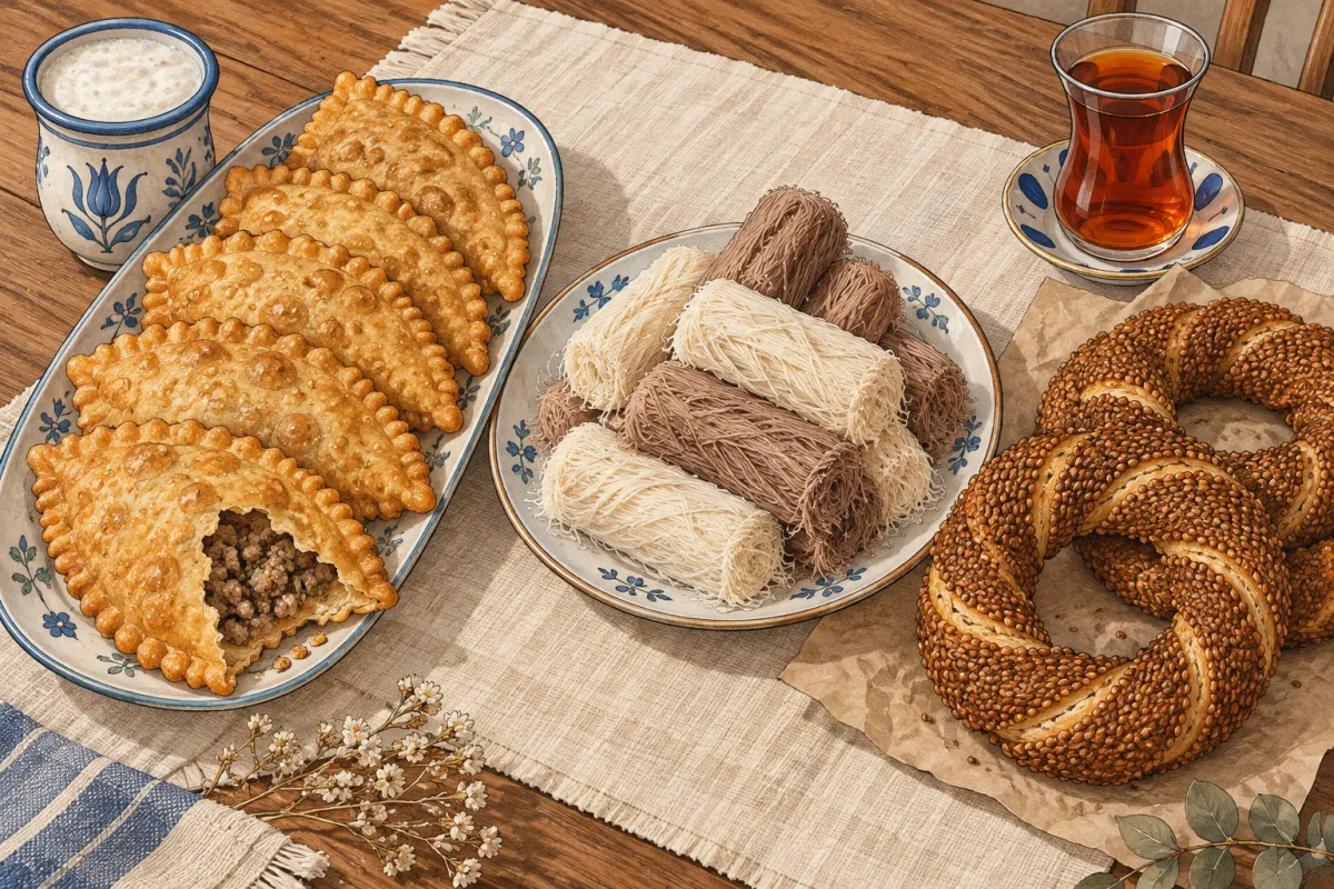 Illustration: a table with crisp çibörek on an oblong plate, one cut open to show its minced meat filling, a glass of ayran, sticks of white and cocoa met helvası, Eskişehir simit with sesame seeds and a glass of tea