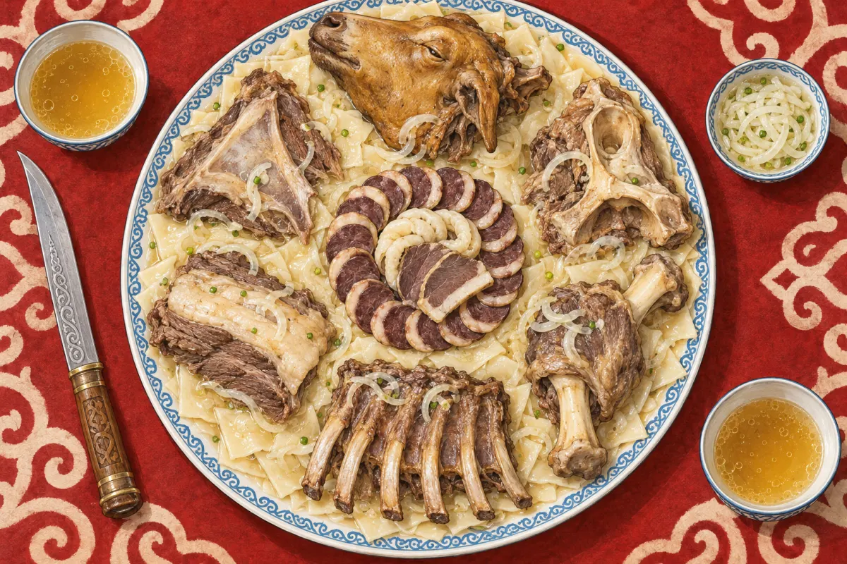 Иллюстрация: праздничное казахское мясное блюдо, вид сверху — голова, тазовая и бедренная кости, ребра, грудинка, лопатка и ломтики деликатесов казы и карта на тонких пластах теста
