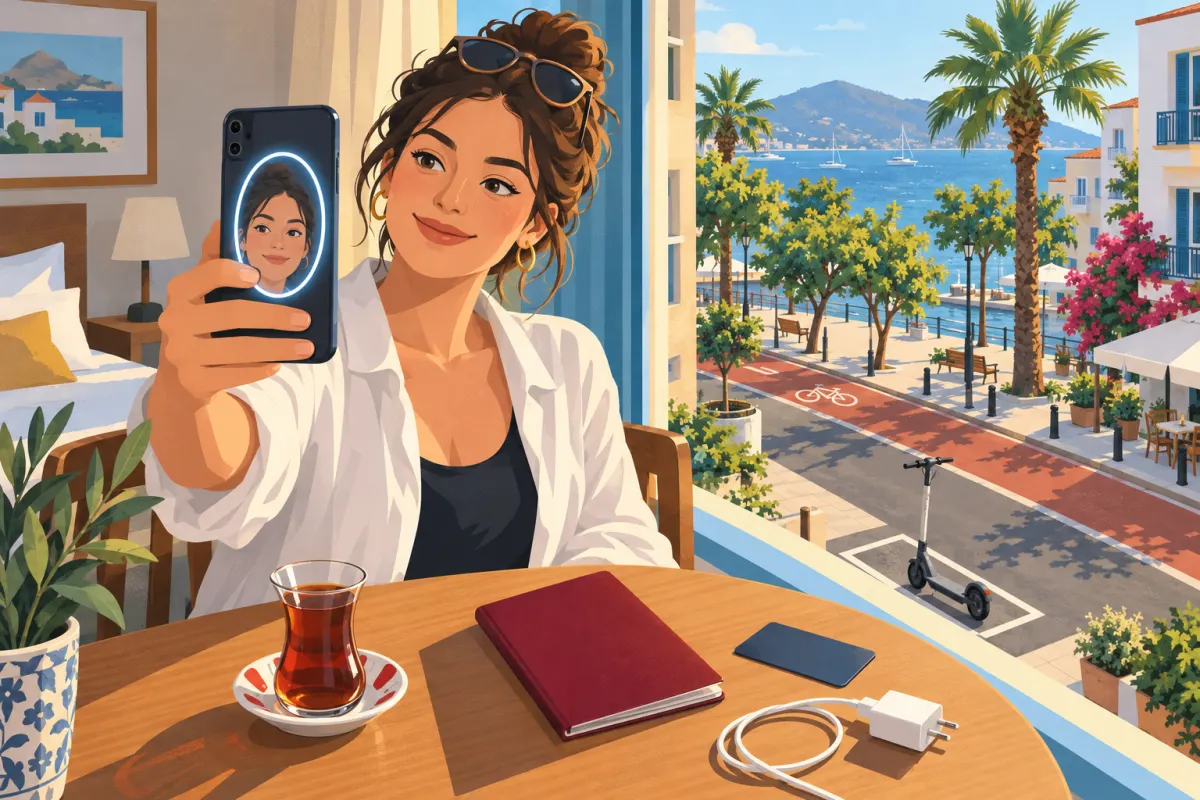 Ilustracja: podróżna przy stoliku w pokoju hotelowym robi selfie telefonem do weryfikacji konta; na stole leży zamknięty czerwony paszport, karta płatnicza i szklanka herbaty, a za oknem, na ulicy, stoi hulajnoga w wyznaczonym polu