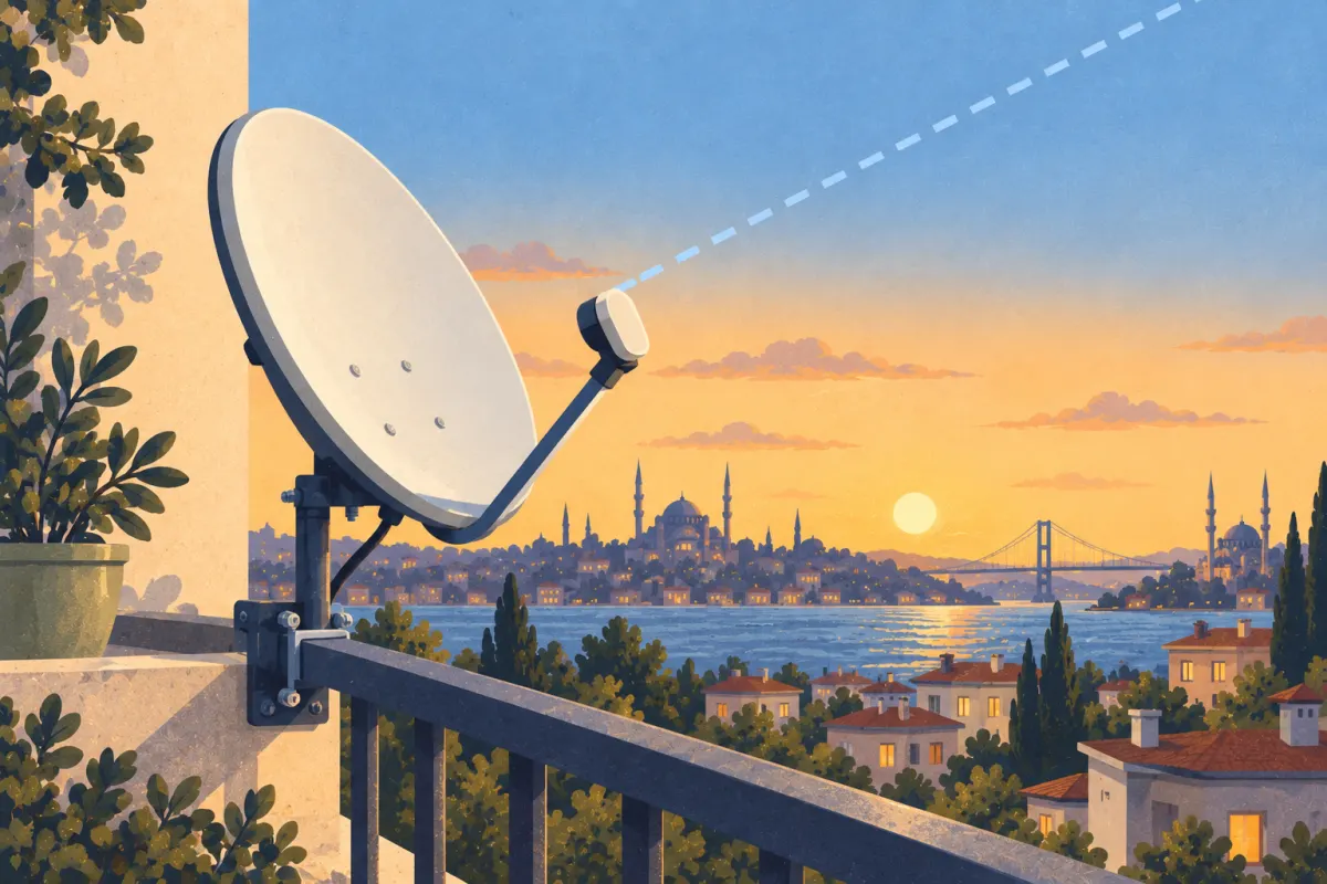 Ilustración: antena parabólica en la barandilla de un balcón y línea de puntos hacia el cielo al atardecer