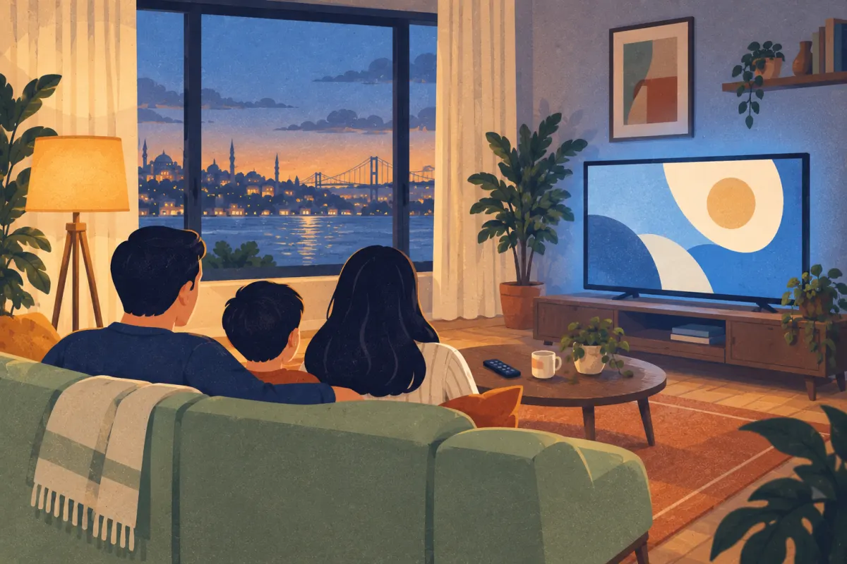 Ilustración: familia vista de espaldas en el sofá, frente a un televisor encendido en un salón acogedor