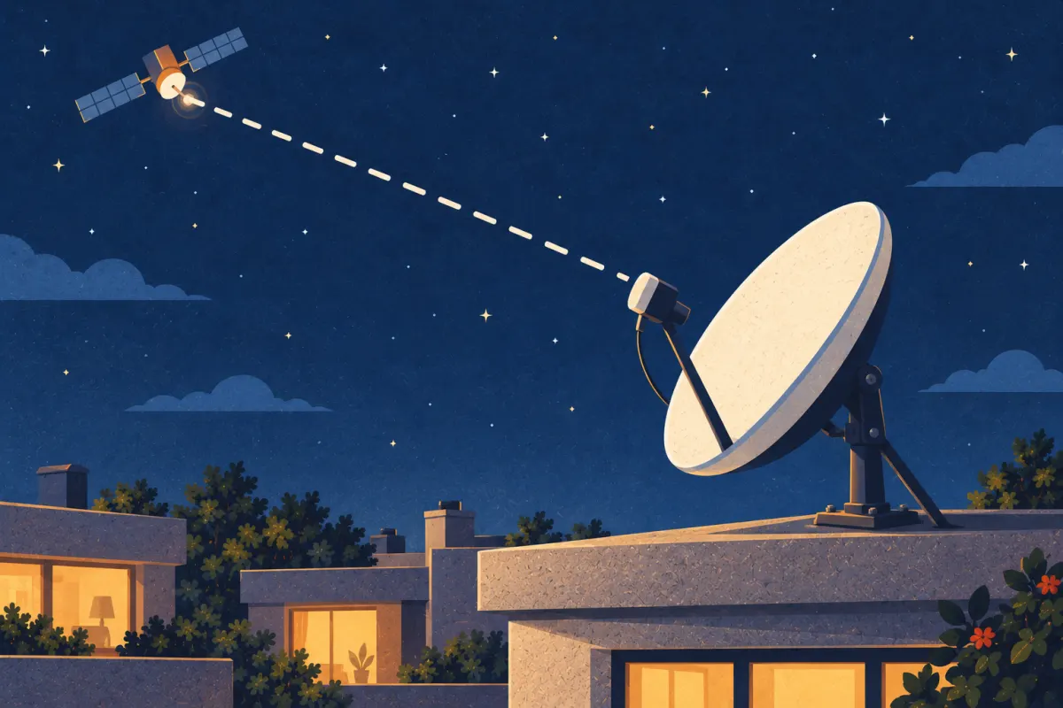 Illustrazione: una parabola e il componente davanti a essa su un tetto, con il percorso tratteggiato del segnale verso un satellite nel cielo notturno