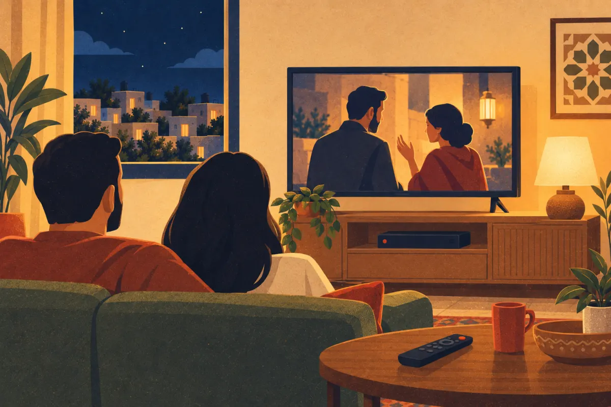 Illustrazione: un soggiorno accogliente di sera, la TV accesa con una scena narrativa senza scritte e il telecomando sul tavolo