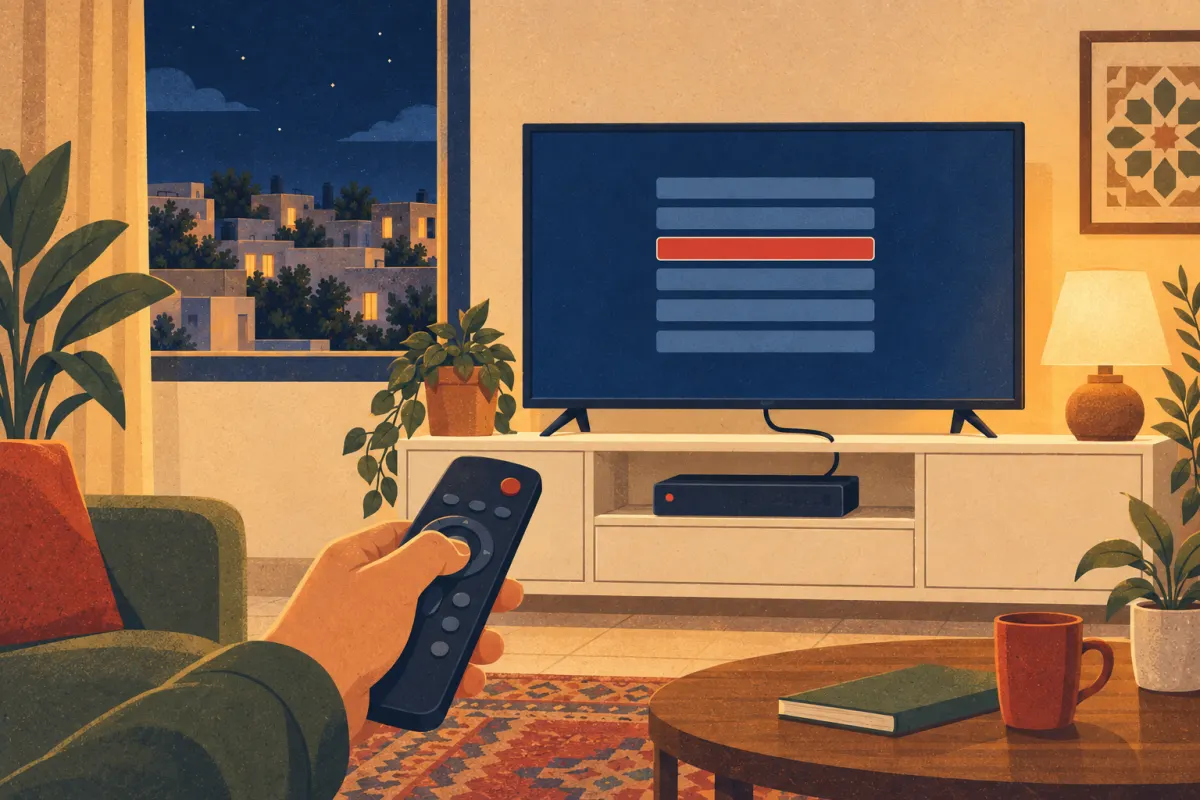 Illustrazione: una mano con un telecomando puntato verso la TV, il menu vuoto del ricevitore con semplici barre e il ricevitore sotto lo schermo