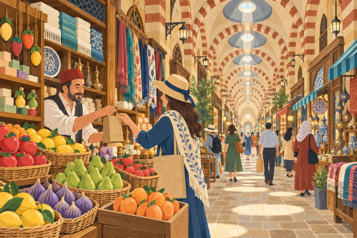 Illustration: inside a long vaulted bazaar with red and cream striped arches, a shopkeeper hands a paper bag to a visitor in a straw hat, baskets and shelves of fruit-shaped soaps around him, with folded towels and painted plates behind