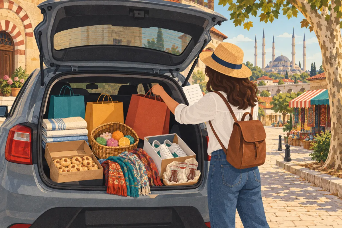 Illustration: a traveller with a straw hat checks a list beside the open boot of a car packed with shopping bags, towels, a basket of fruit-shaped soaps, a box of cookies, shoes and tea glasses, the Selimiye Mosque in the distance
