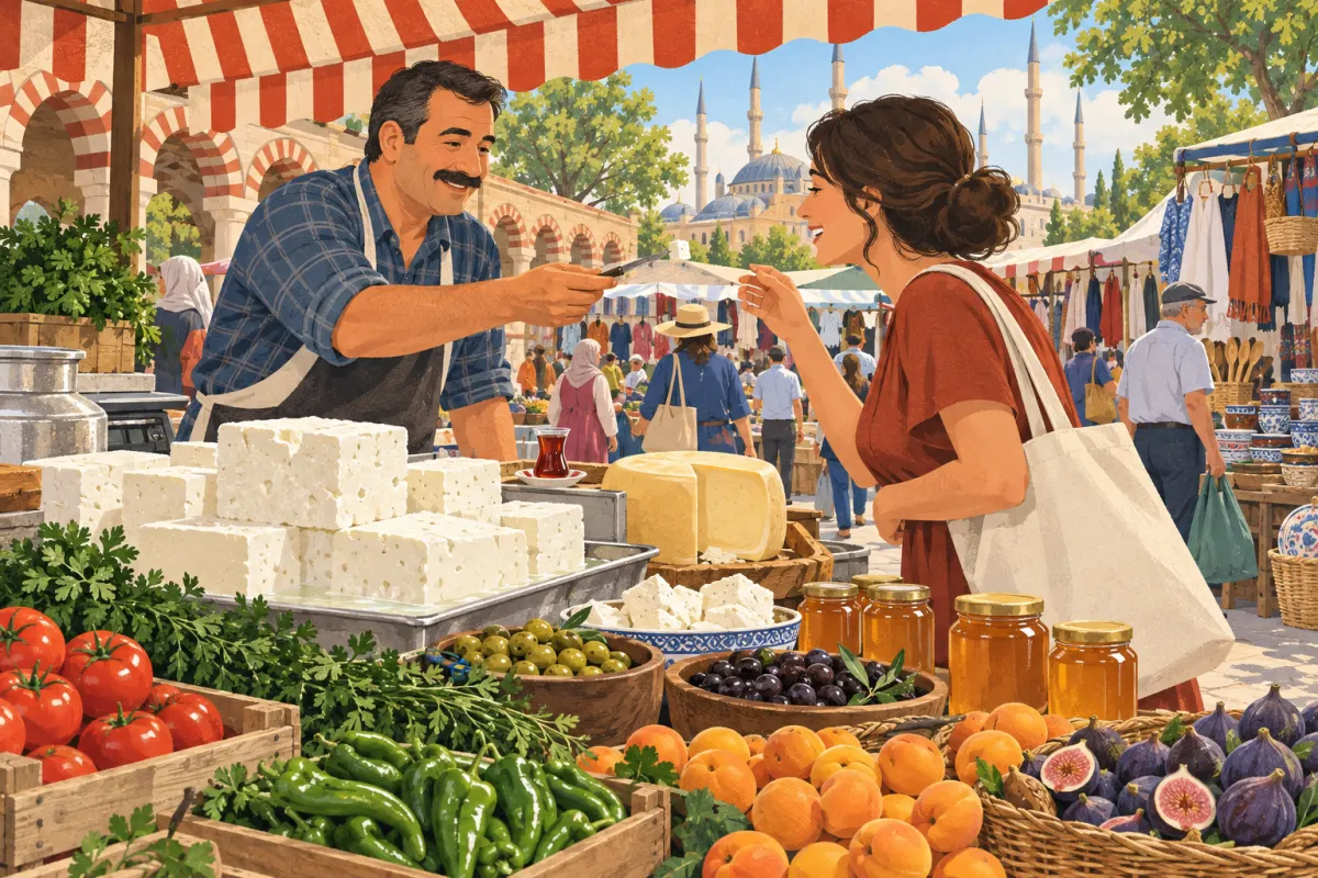 Illustration: at a market stall in Edirne a seller holds out a taste of white cheese to a shopper, with blocks of white cheese, a wheel of yellow cheese, olives, honey jars, peppers, tomatoes and figs on the stall