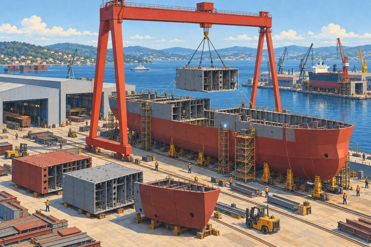 Illustration: a gantry crane lowers a steel block onto a half-built ship&rsquo;s hull while more blocks wait on the ground