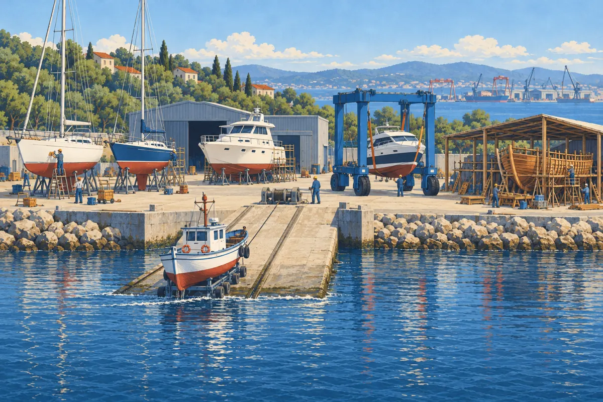 Illustration: a small boatyard with a concrete slipway, a fishing boat on a wheeled cradle, yachts on stands and a boat lift holding a motor yacht