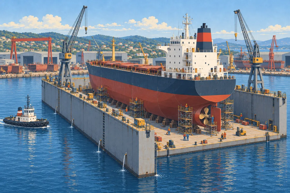 Illustration: a bulk carrier on a floating dock, fully out of the water, with workers on scaffolding by the propeller