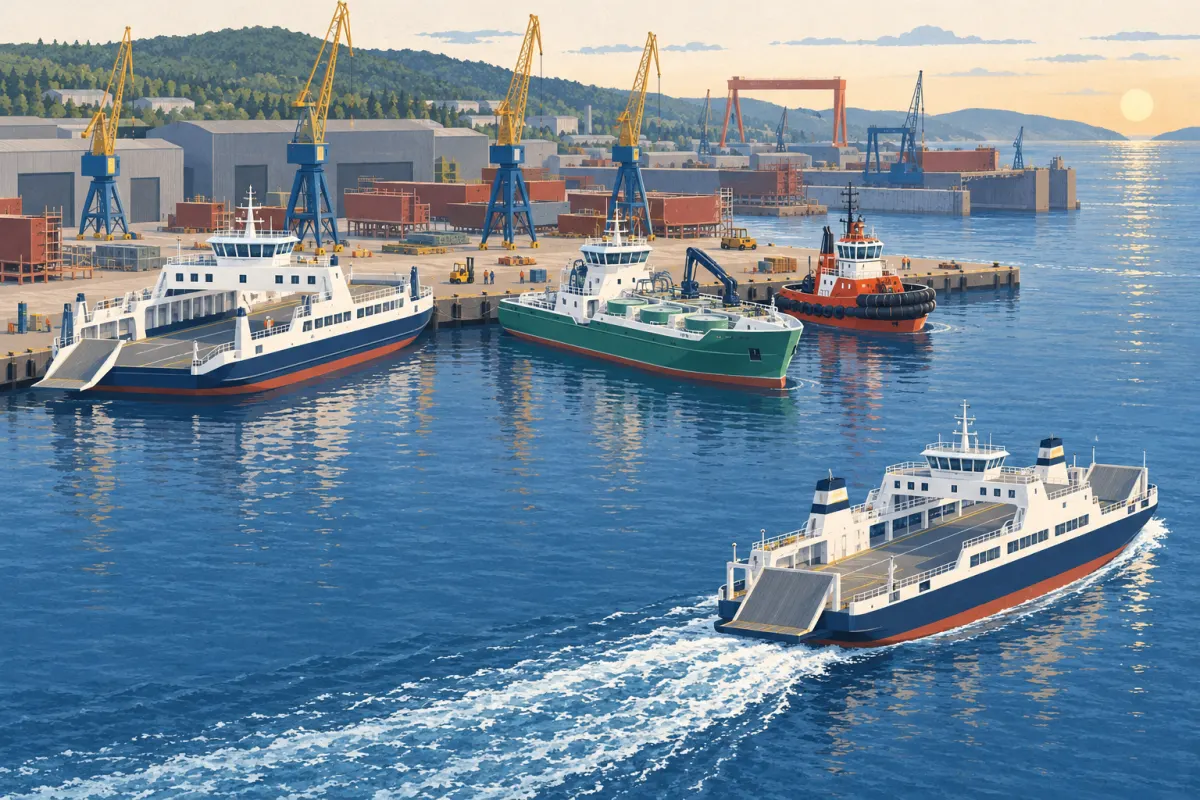 Illustration: a ro-pax ferry, an aquaculture service vessel and a tug ready at the quay, and another ferry leaving the bay