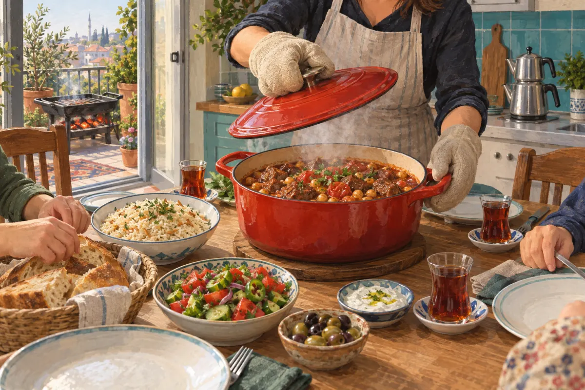 Illustration : une cocotte rouge en fonte émaillée contenant un ragoût d’agneau et de pois chiches dégage de la vapeur sur une table familiale au moment où son couvercle est soulevé ; du pilaf, du pain, de la salade et du thé l’entourent, et un petit barbecue rougeoie sur le balcon à l’arrière-plan