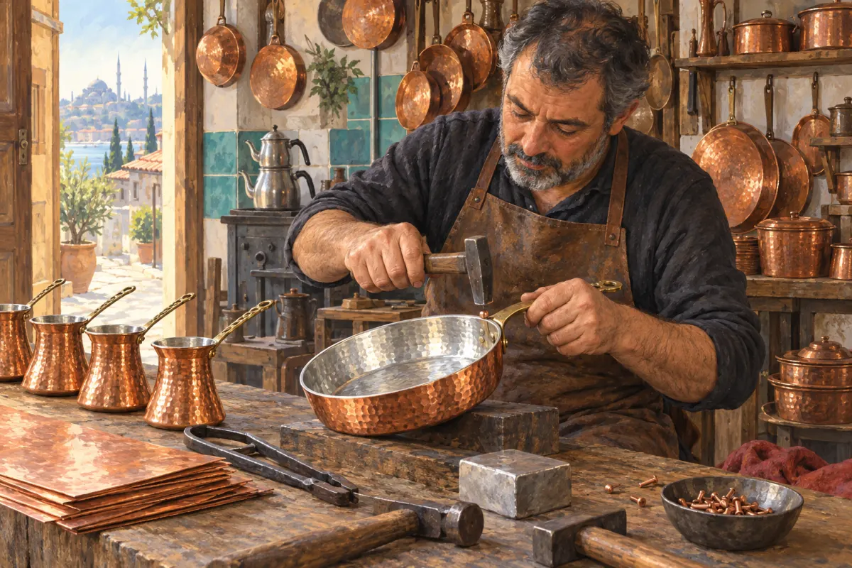 Illustration : un artisan du cuivre en tablier de cuir rivette la poignée en bronze d’une poêle en cuivre martelé à intérieur argenté ; des cezves en cuivre sont posés sur l’établi et des poêles sont suspendues derrière lui