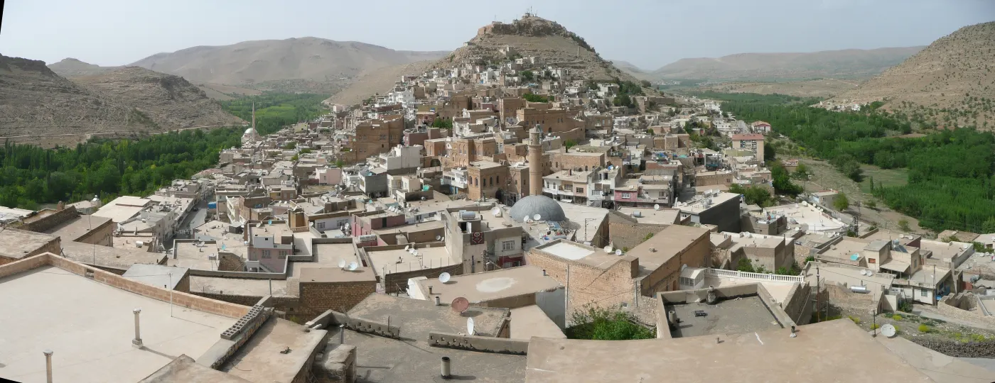 بلدة سافور على سفح تل في ضوء النهار: بيوت حجرية متزاحمة مسطحة الأسقف تصعد المنحدر تحت قلعة مهدمة في القمة، وخلفها تلال بنية جافة وفي الوادي شريط أخضر من الحدائق
