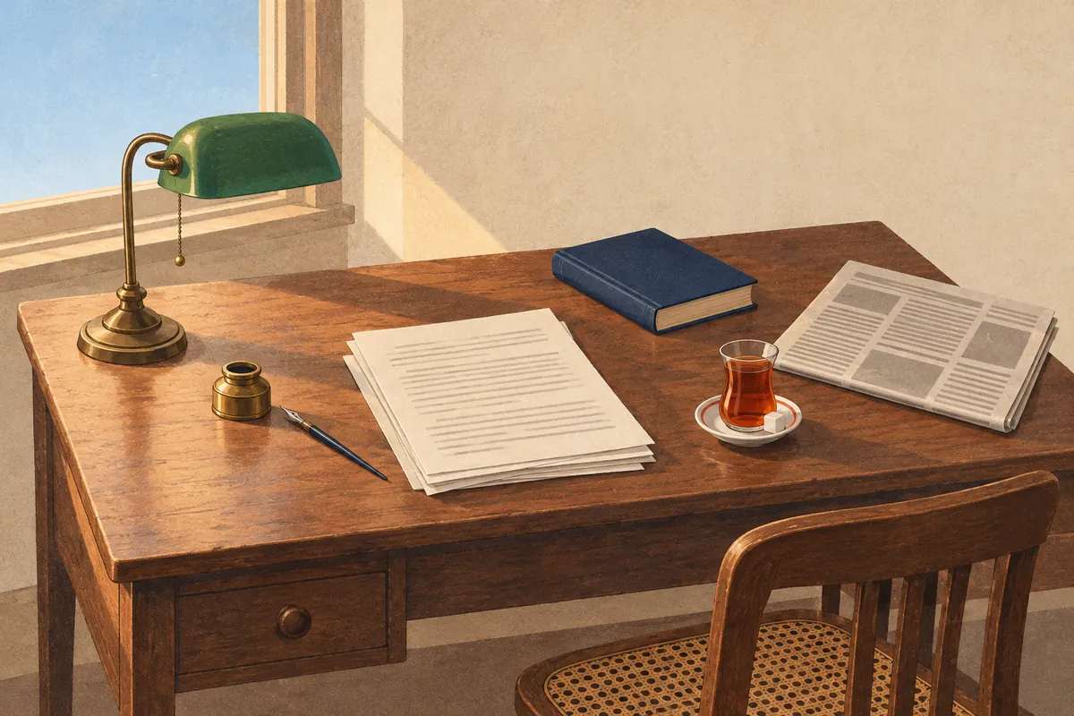 Ein hölzerner Schreibtisch mit einem Tintenfass aus Messing und einer Feder, einem Papierstapel, einer gefalteten Zeitung, einem geschlossenen blauen Buch, einer grünen Schreibtischlampe und einem Glas Tee
