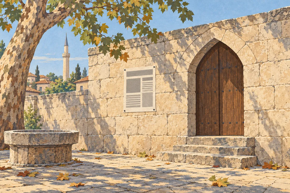 Ein Mitteilungsblatt an einer Mauer aus hellen Steinquadern neben einer spitz zulaufenden Holztür, mit einer Platane, einem Steinbecken und einem schlanken Minarett in der Ferne