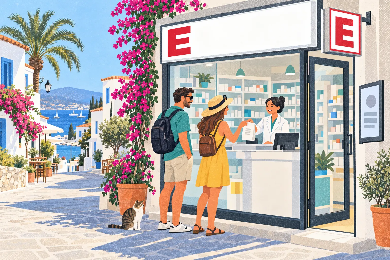 Illustration: Apotheke an einer sonnigen Gasse am Meer in der Türkei – über dem Schaufenster und auf einem Leuchtkasten an der Wand das rote E der Eczane; drinnen reicht eine Apothekerin im weißen Kittel einem Touristenpaar eine Papiertüte über den Tresen, davor Bougainvillea, eine Katze und Palmen