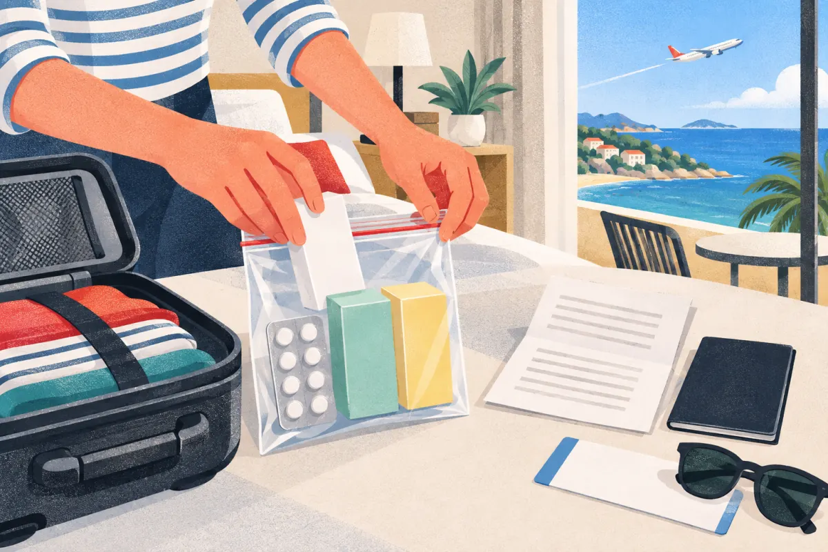 Illustration: Am Hoteltisch mit Meerblick legen zwei Hände drei Medikamentenschachteln und einen Blister in einen durchsichtigen Zipbeutel; daneben ein gefaltetes ärztliches Schreiben, ein Reisepass, eine Bordkarte und ein offener Koffer