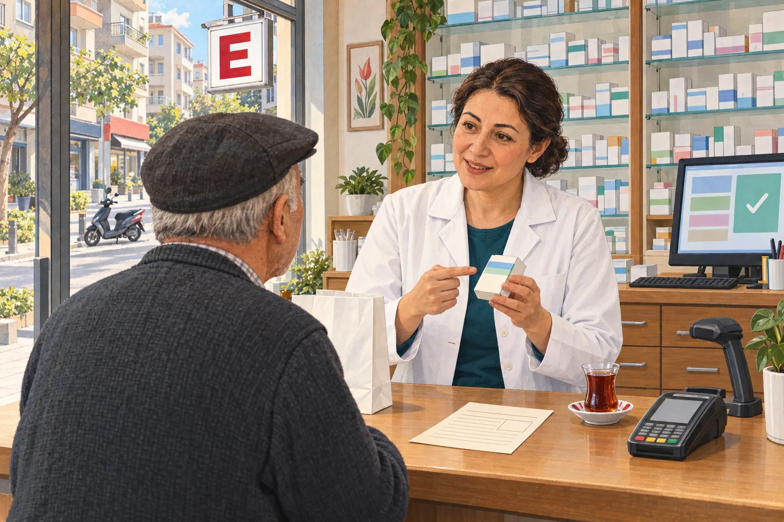 Illustration: a pharmacist in a white coat explains a medicine box to an older man in a flat cap across the counter; a red E pharmacy sign hangs outside the window
