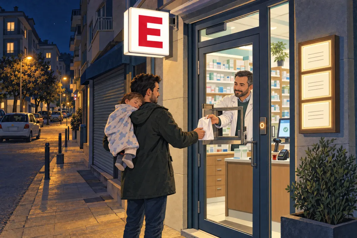 Illustration: at night a pharmacist hands a paper bag through the hatch of a duty pharmacy door to a father carrying a sleeping toddler, under a lit red E sign
