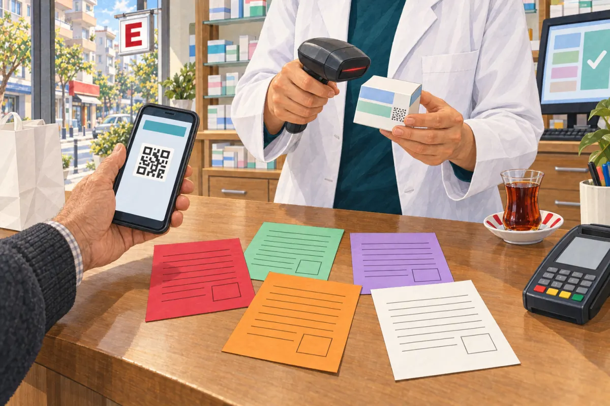 Illustration: red, green, purple, orange and white prescription slips on a pharmacy counter, a customer’s phone showing a code and a pharmacist scanning a medicine box