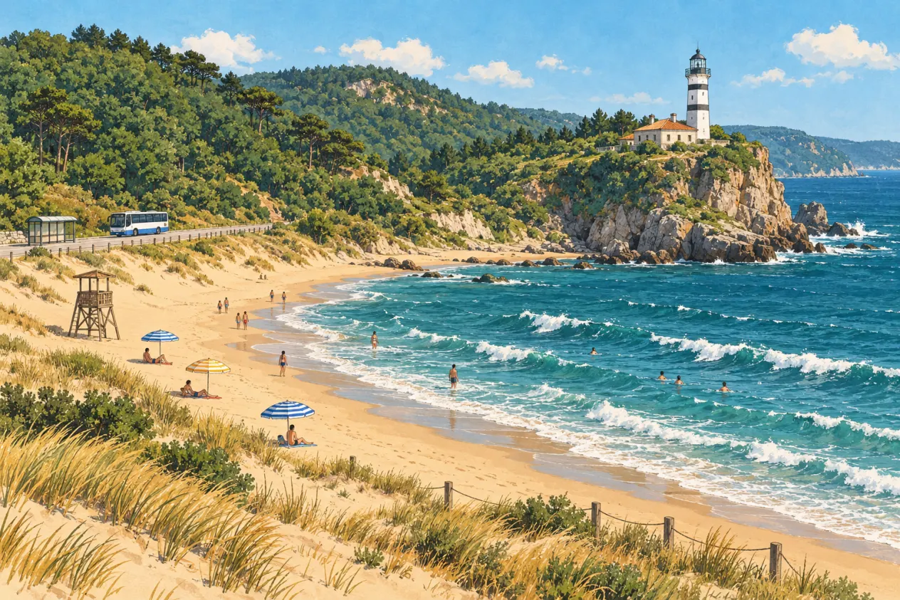 Ilustrație: dune deschise la culoare la Marea Neagră și un golf larg cu nisip l&acirc;ngă Şile, cu farul alb cu benzi negre pe un promontoriu
