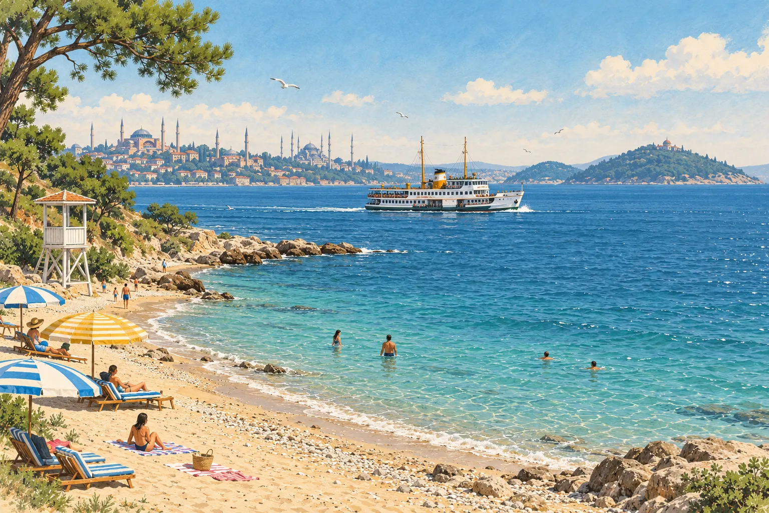 Ilustrație: o plajă cu nisip și pietriș la Marea Marmara, cu umbrele &icirc;n dungi și un turn de salvamar, un feribot urban alb pe apă și cupolele și minaretele vechiului Istanbul la orizont