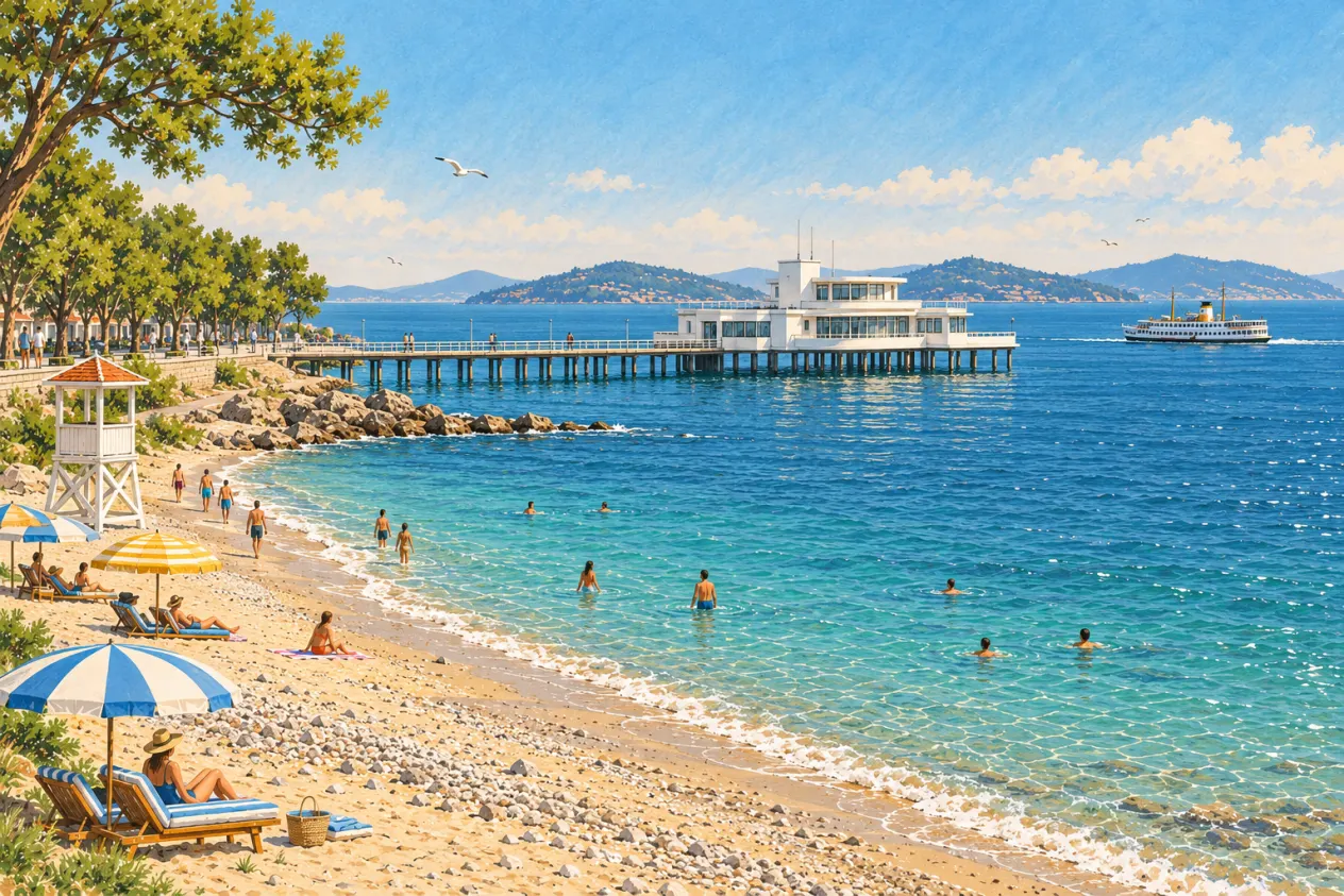 Ilustrație: conacul alb pe piloni din largul țărmului Florya, legat de plajă printr-un ponton lung din lemn, cu un turn de salvamar și &icirc;notători &icirc;n apa turcoaz liniștită