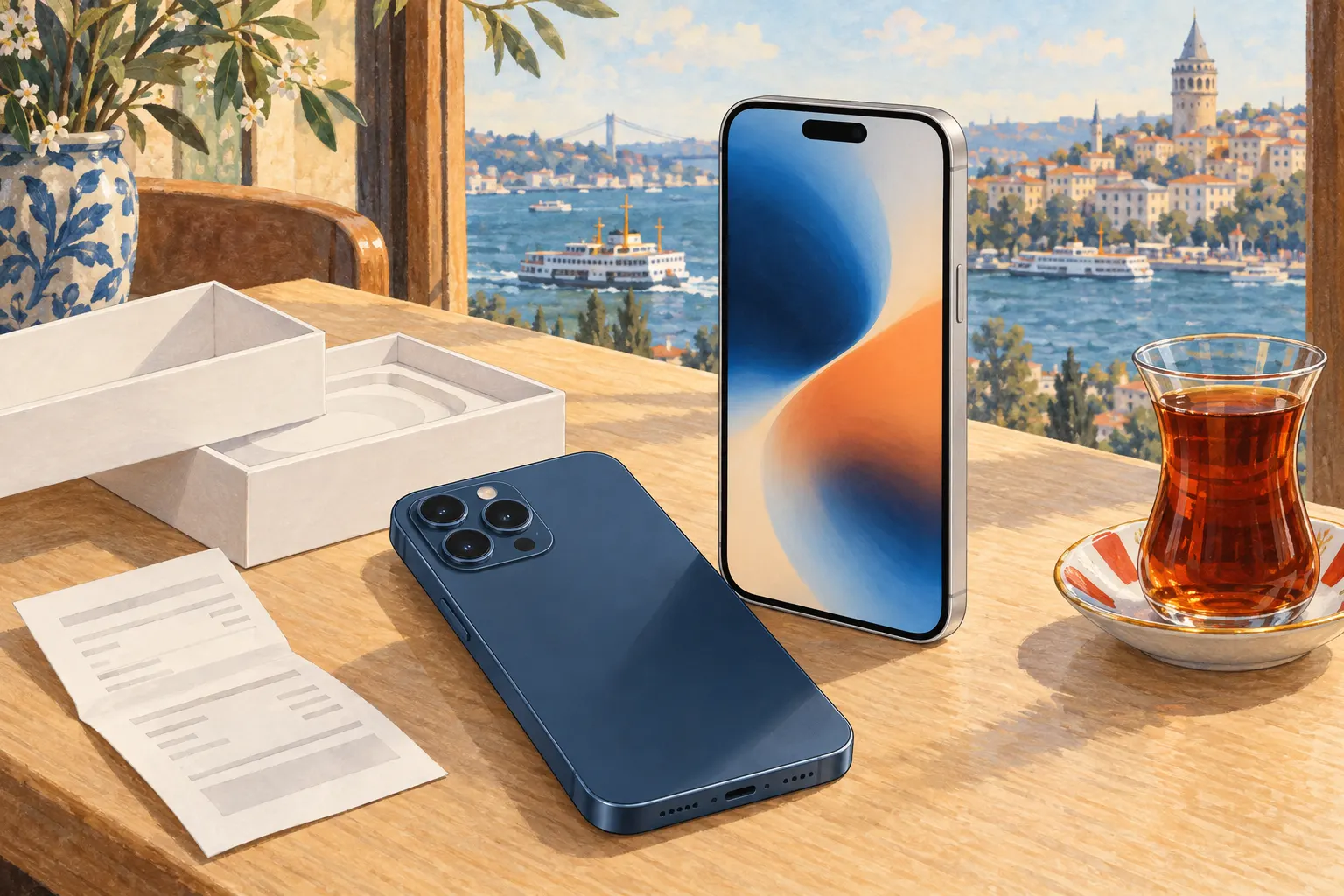 Illustration&nbsp;: deux iPhone sur une table en bois pr&egrave;s d&rsquo;une fen&ecirc;tre &agrave; Istanbul. Le bleu est pos&eacute; &eacute;cran vers le bas, ses trois appareils photo visibles&nbsp;; l&rsquo;argent&eacute; est debout, &eacute;cran face au spectateur. &Agrave; c&ocirc;t&eacute;, une bo&icirc;te blanche ouverte, un re&ccedil;u et un verre de th&eacute;. Par la fen&ecirc;tre, le Bosphore et la tour de Galata
