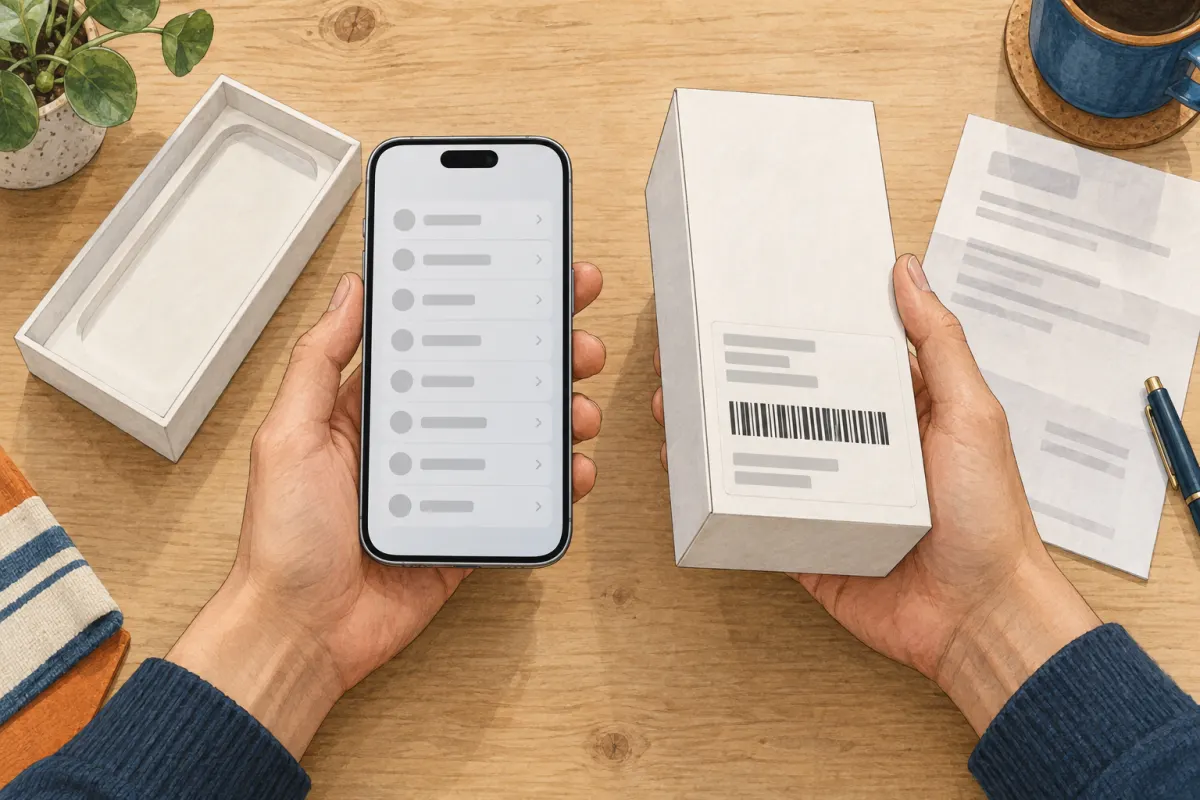 Illustration&nbsp;: une main tient un iPhone neuf, l&rsquo;autre une bo&icirc;te blanche avec une &eacute;tiquette et un code-barres&nbsp;; &agrave; c&ocirc;t&eacute;, une bo&icirc;te ouverte, une facture et un stylo