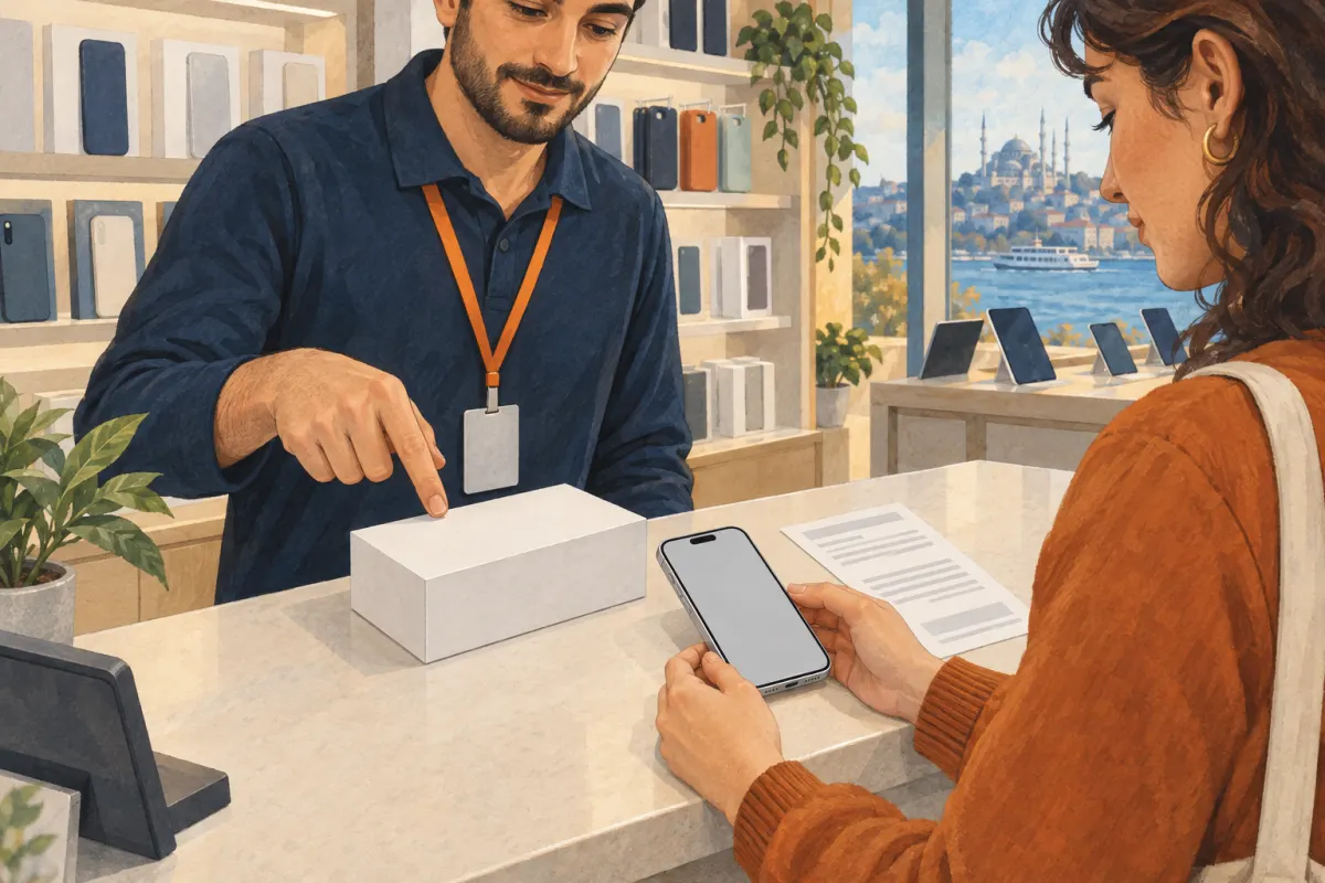 Illustration&nbsp;: dans un magasin d&rsquo;&eacute;lectronique, un vendeur montre une bo&icirc;te blanche scell&eacute;e. Une cliente tient un iPhone neuf&nbsp;; une facture est pos&eacute;e &agrave; c&ocirc;t&eacute;