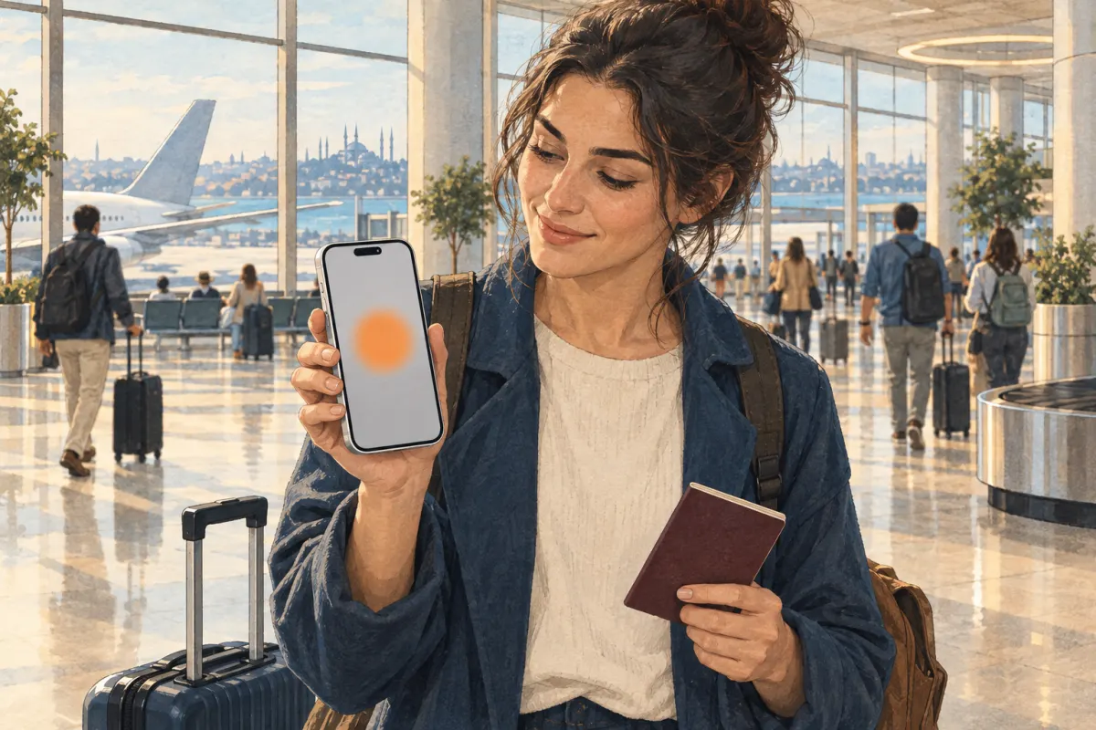 Illustration&nbsp;: dans le hall d&rsquo;arriv&eacute;e d&rsquo;un a&eacute;roport d&rsquo;Istanbul, une voyageuse tient un iPhone neuf avec un cercle orange &agrave; l&rsquo;&eacute;cran et un passeport