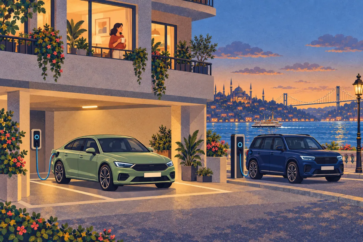 رسم توضيحي: سيارة سيدان كهربائية تُشحن في موقف بناية سكنية تركية وقت الشفق الأزرق، بينما تستخدم سيارة SUV كهربائية بتصميم صندوقي شاحنًا على جانب الطريق