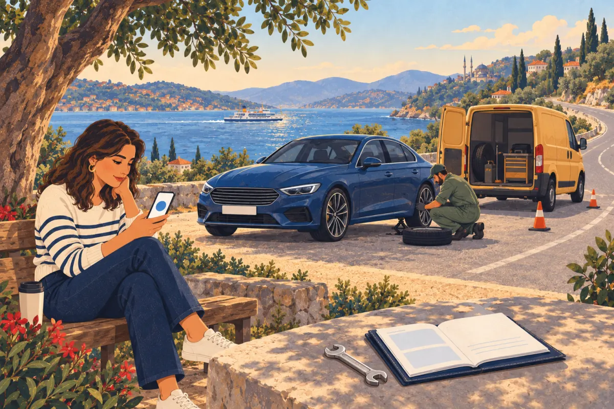 رسم توضيحي: ميكانيكي يساعد سيارة سيدان كحلية بجوار مركبة فان كهرمانية بلا علامات على طريق ساحلي تركي؛ ينتظر السائق حاملًا هاتفًا، وفي المقدمة كتيّب صيانة خالٍ من الكتابة