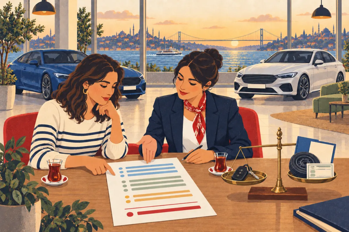 رسم توضيحي: مشترٍ ومستشار مبيعات يراجعان عرض سعر بجوار أكواب شاي تركي وميزان يحمل مفاتيح سيارة وملف تأمين وبطاقة تسجيل