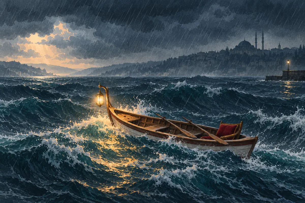 Illustration: a small wooden rowing boat with two oars, a lit brass lantern at the bow and an empty cushioned seat at the stern, tossed by high waves in a heavy rainstorm under dark clouds, with a distant domed mosque and a lit lamp on a pier