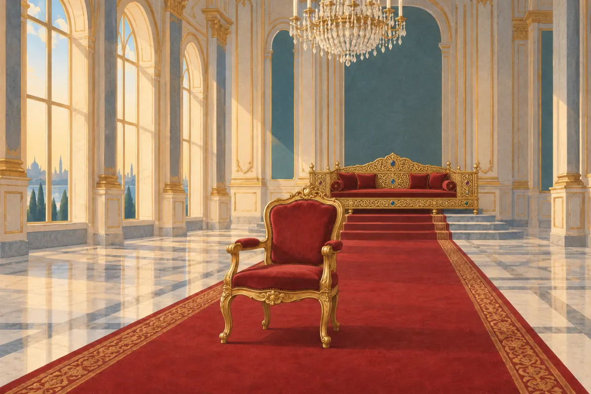 Illustration: a gilded armchair with a crimson velvet seat on a red carpet in a marble palace hall, and behind it, at the top of a few carpeted steps, an empty wide golden divan-style throne with red cushions and set coloured stones, under a crystal chandelier