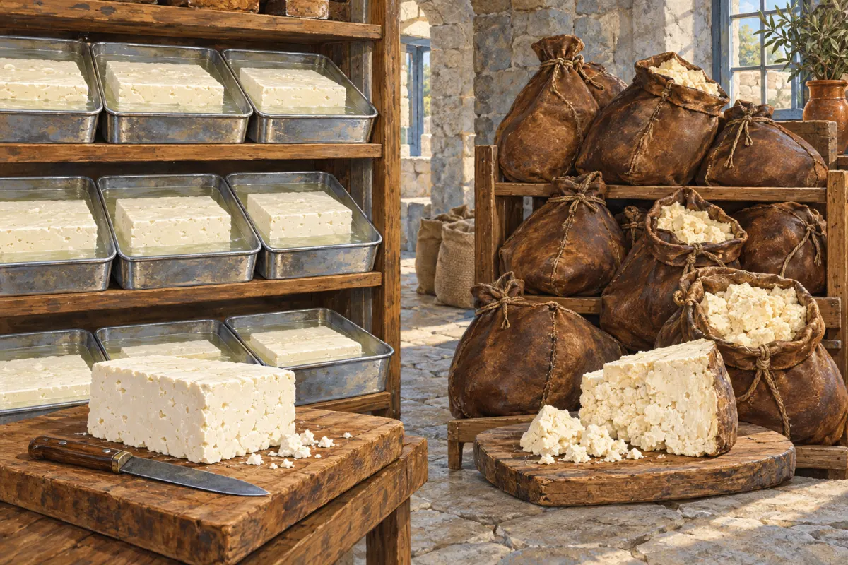 Illustration: ein k&uuml;hler K&auml;sekeller aus Stein mit Blechbeh&auml;ltern voller Wei&szlig;k&auml;se in Salzlake auf Holzregalen, einem K&auml;seblock auf einem Brett mit Messer und einem Gestell mit tulum-S&auml;cken aus Ziegenhaut, einige davon offen mit sichtbarem festem K&auml;se