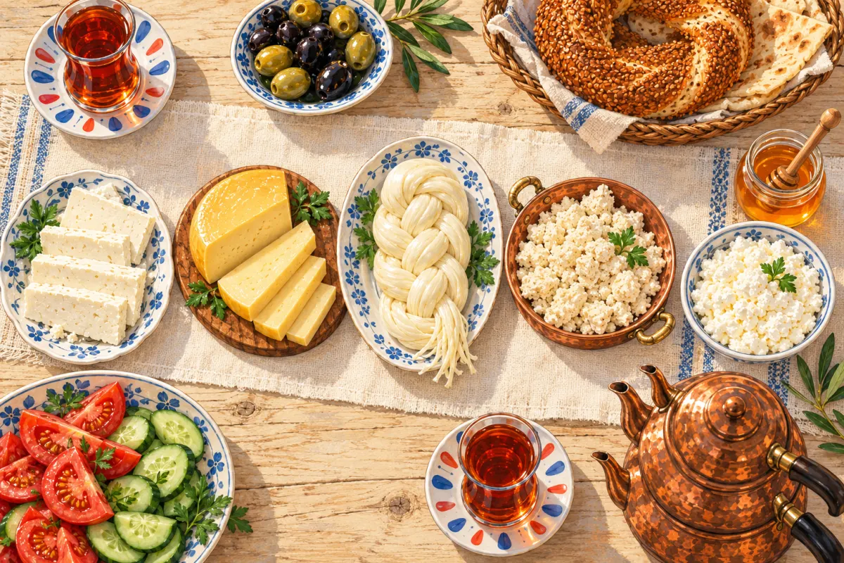 Illustration: ein t&uuml;rkischer Fr&uuml;hst&uuml;ckstisch von oben mit f&uuml;nf K&auml;sesorten auf eigenen Tellern: geschnittener beyaz peynir, ein kaşar-St&uuml;ck mit Scheiben, ein geflochtener &ouml;rg&uuml;, eine Kupferschale mit zerbr&ouml;seltem tulum und eine Sch&uuml;ssel mit frischem lor, dazu Oliven, Honig, ein Brotkorb, Tomaten, Gurke und Tee