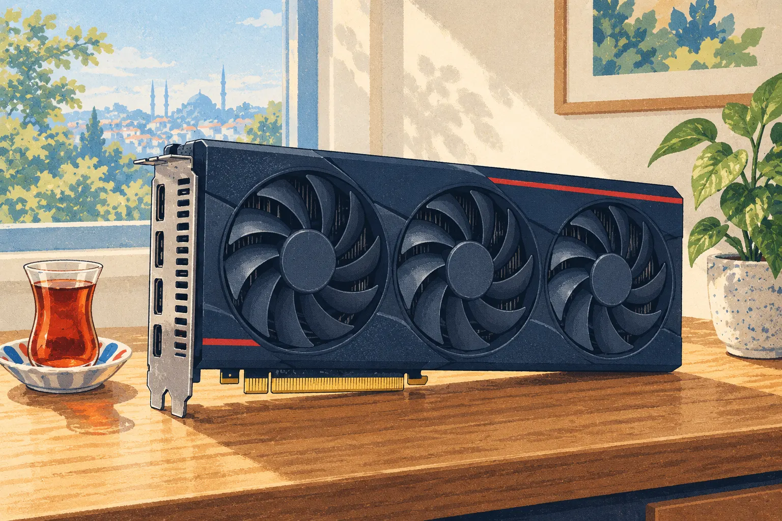 Illustration&nbsp;: une carte graphique &agrave; trois ventilateurs avec une &eacute;querre PCIe en m&eacute;tal sur un bureau en bois, pr&egrave;s d&rsquo;un verre &agrave; th&eacute; tulipe et d&rsquo;une fen&ecirc;tre donnant sur les toits d&rsquo;Istanbul