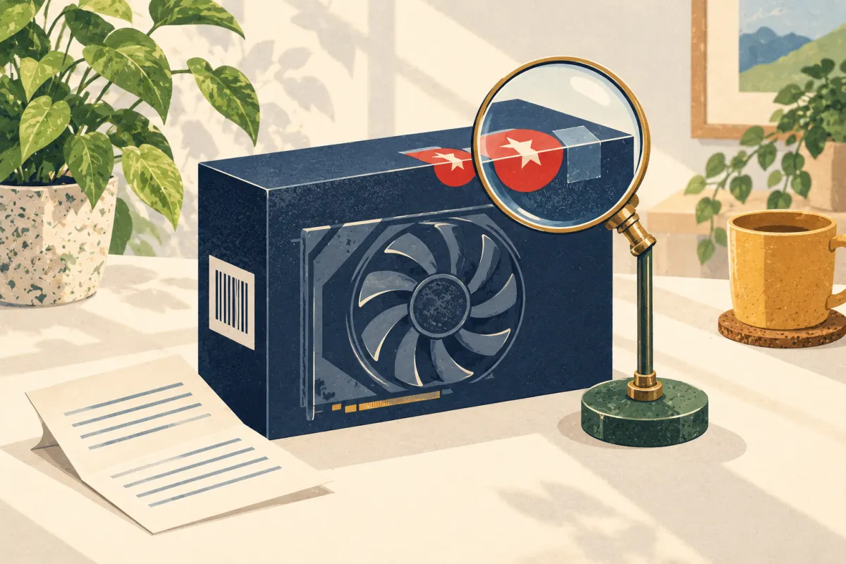 Illustration&nbsp;: une bo&icirc;te de carte graphique scell&eacute;e, avec un sceau rouge rond, du ruban adh&eacute;sif et une bande de codes-barres, et une loupe sur pied pr&egrave;s d&rsquo;une feuille de papier