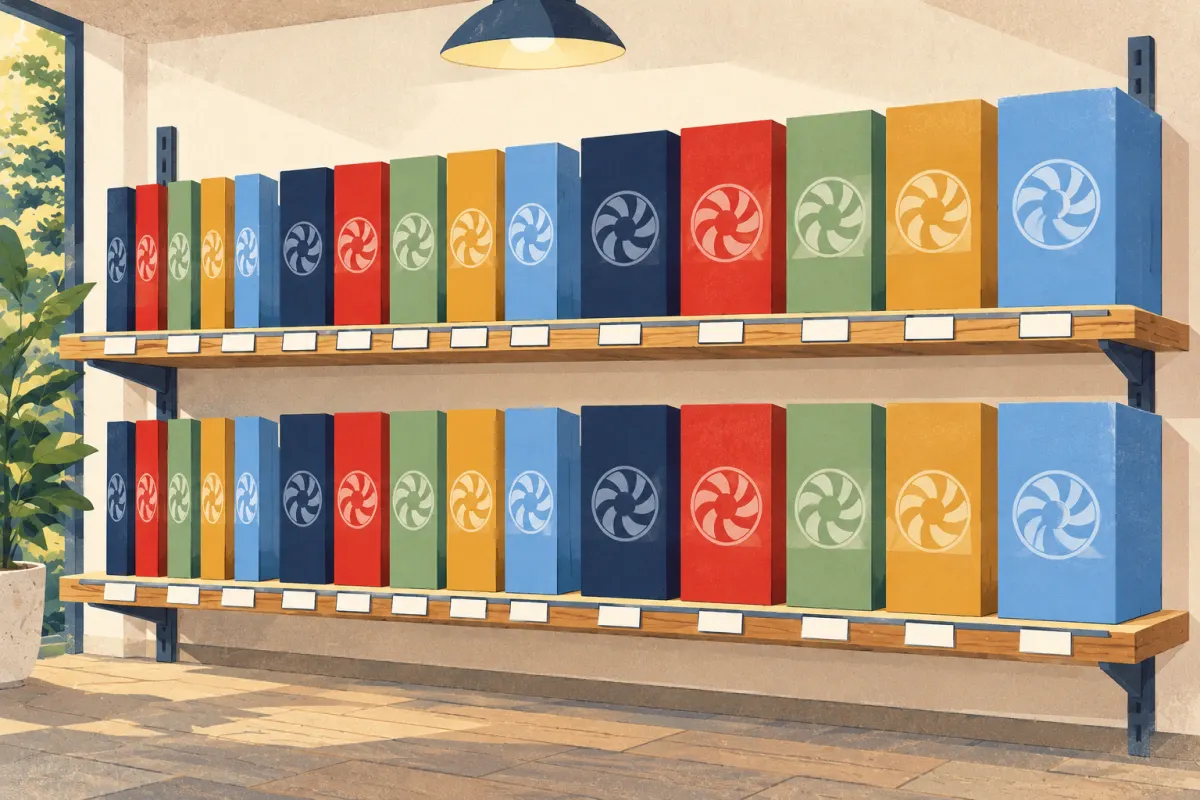 Illustration&nbsp;: deux &eacute;tag&egrave;res de bo&icirc;tes de cartes graphiques en boutique, fines &agrave; gauche et &eacute;paisses &agrave; droite, chacune avec un ventilateur rond sur la face avant