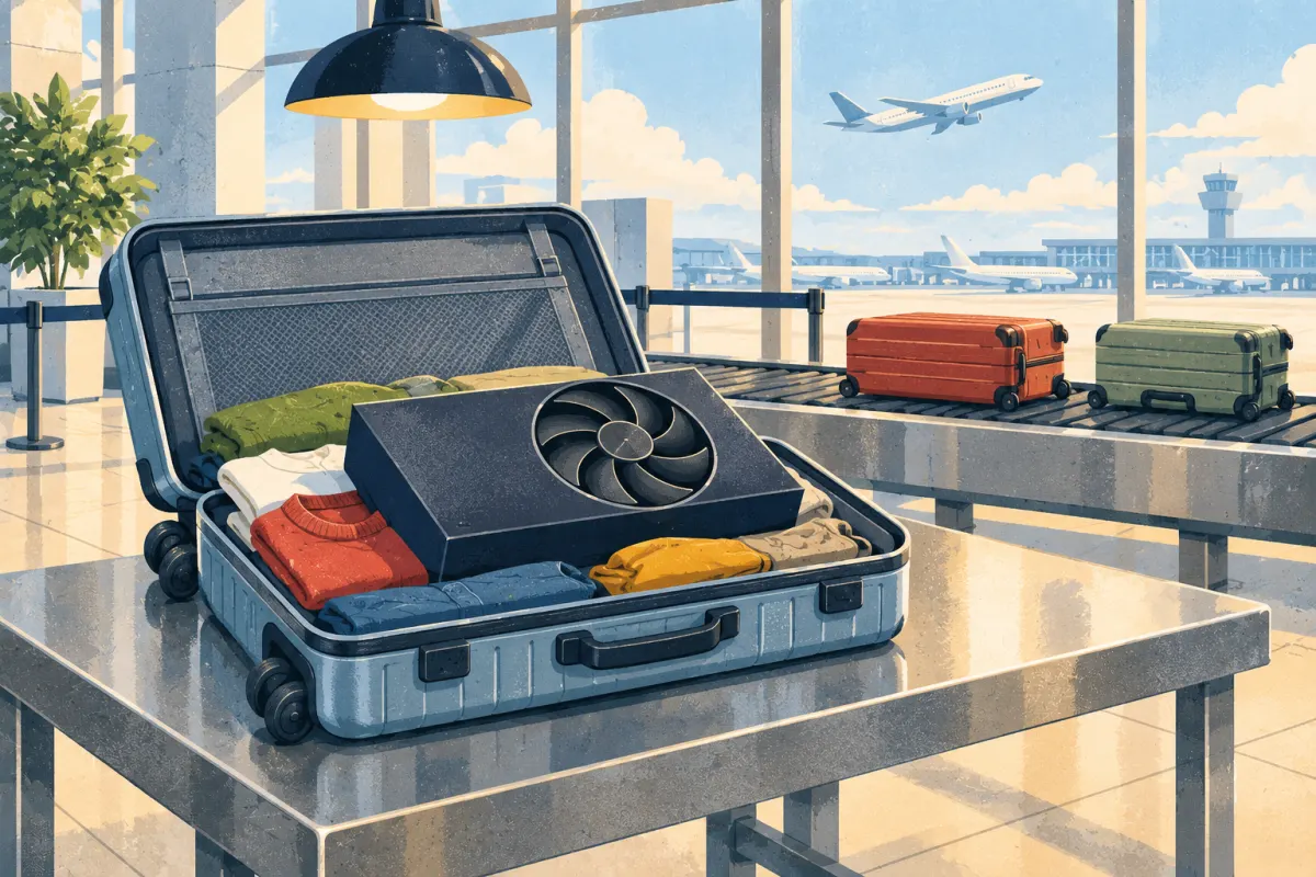 Illustration&nbsp;: une valise ouverte sur une table de contr&ocirc;le &agrave; l&rsquo;a&eacute;roport, avec une bo&icirc;te de carte graphique sur les v&ecirc;tements et un tapis &agrave; bagages derri&egrave;re