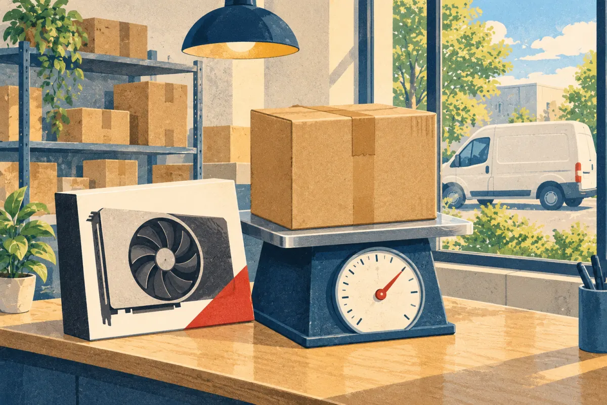 Illustration: a taped cardboard parcel on a shipping scale beside a graphics-card box, with a delivery van outside the window