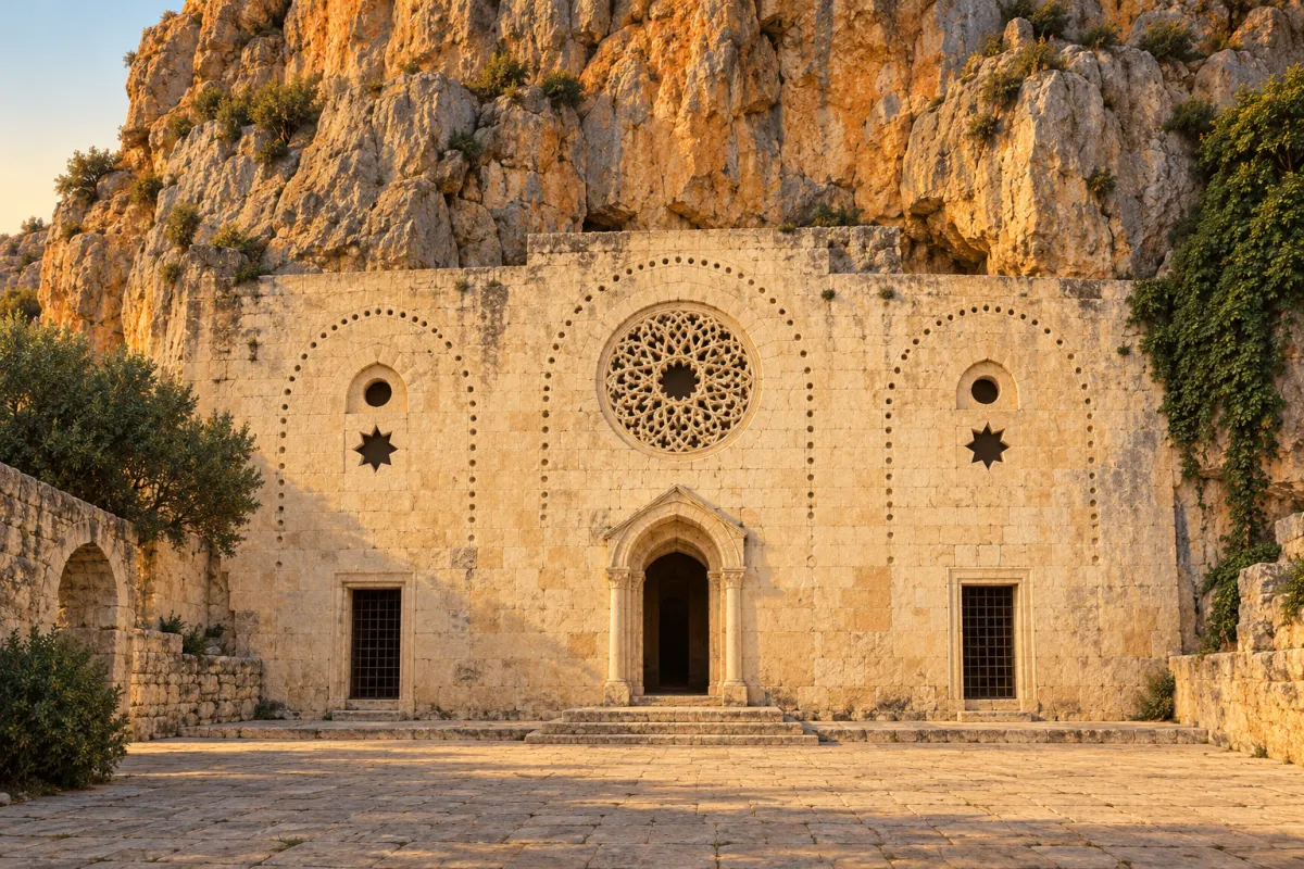 Ilustração: ampla fachada de pedra clara de uma igreja construída junto a um alto paredão de rocha alaranjada, com três painéis em arco, uma janela circular vazada no meio e uma porta em arco ogival abaixo dela