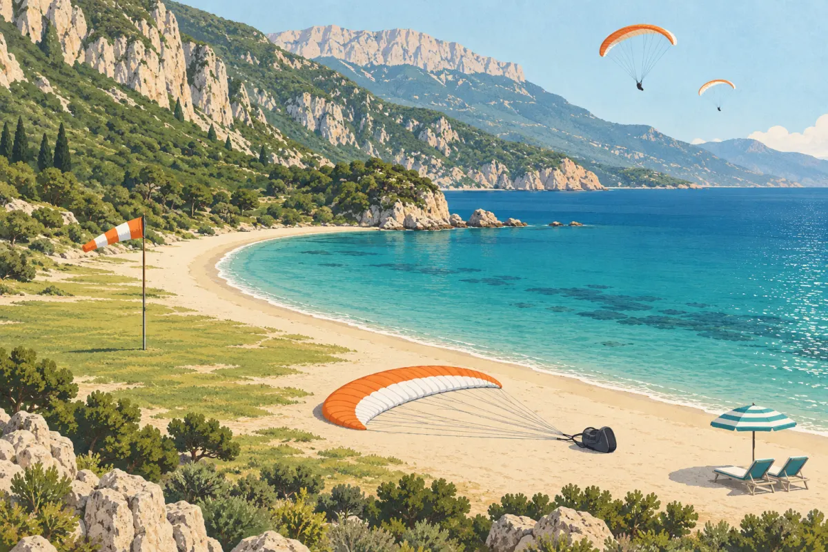 Illustration: a curved sandy beach beside a turquoise lagoon below a steep mountain, with an orange and white wing laid flat on the sand after landing, a windsock, an empty umbrella and two small wings gliding down
