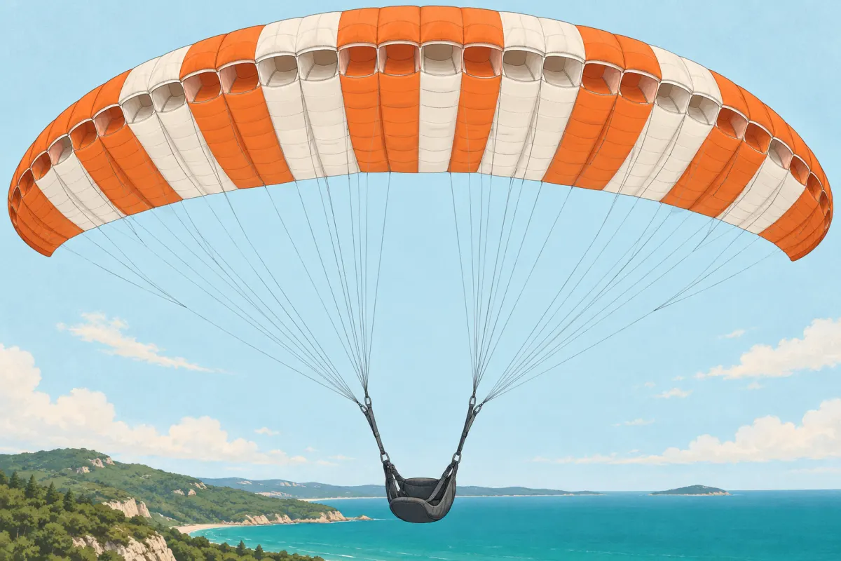 Illustration: a paraglider wing seen from below, with stitched fabric cells in orange and white and fine lines fanning down to an empty harness