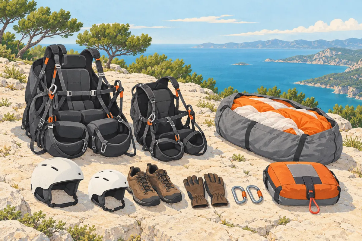 Illustration: tandem paragliding kit laid out on a flat rock: two charcoal harnesses, two helmets, closed shoes, gloves, steel carabiners, a closed reserve parachute container and a canopy in a carry bag